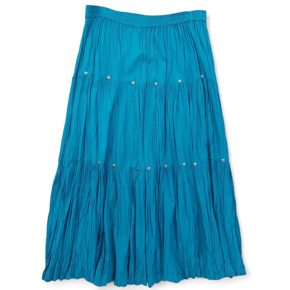 Vintage Southwest Canyon Skirt Sz M Blue Rayon Boho Maxi Concho Detail Western